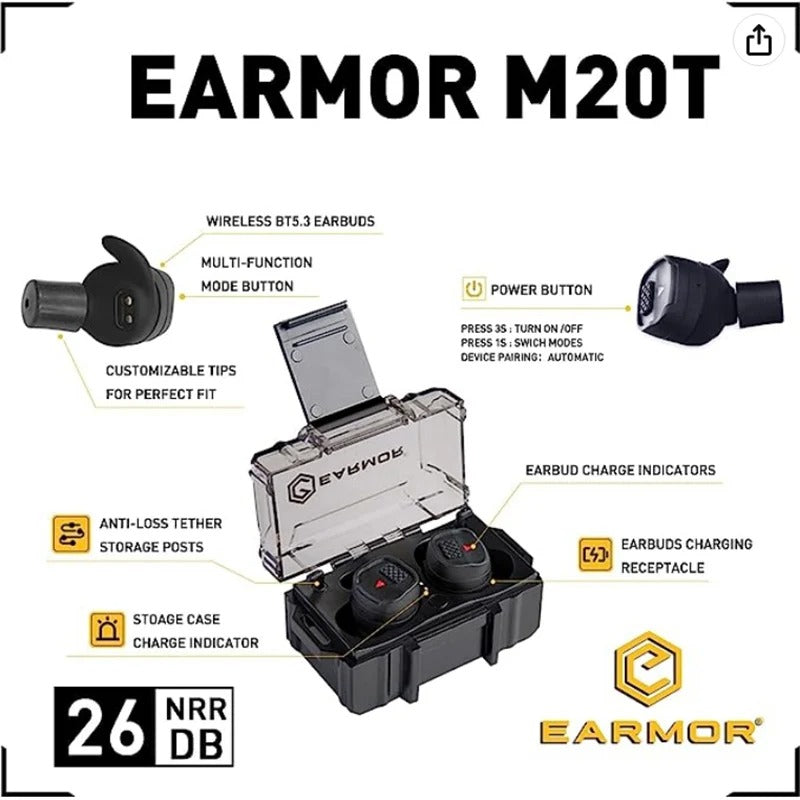 Earmor M20T – écouteurs sans fil BT5.3, Protection auditive pour prise de vue électronique, bouchons d'oreille antibruit, Protection auditive pour la chasse 